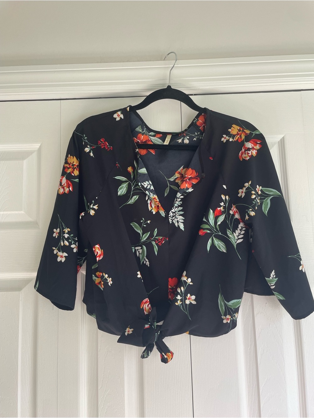 Japna Black Floral Tie-Front Blouse